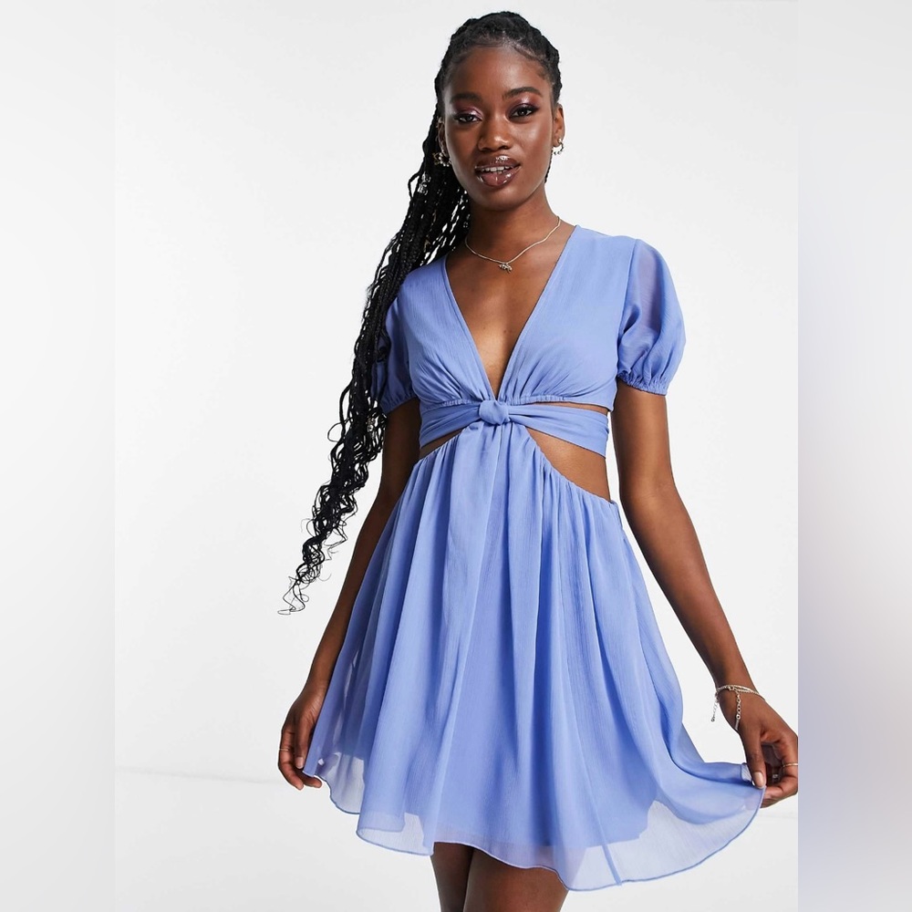 ASOS DESIGN soft tiered mini dress with tie waist detail in blue